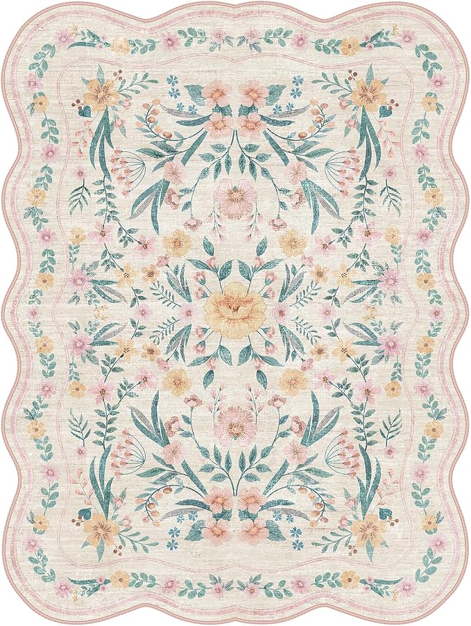 7x9 Pink Rug for Living Room, Scalloped Floral Rug for Girls Dorm, Washable - Image 7