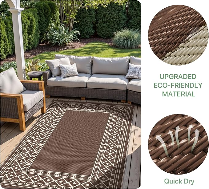 GENIMO Outdoor Rug Waterproof for Patio, Outside Area Mat for Rv, Coffee & Beige - Image 7