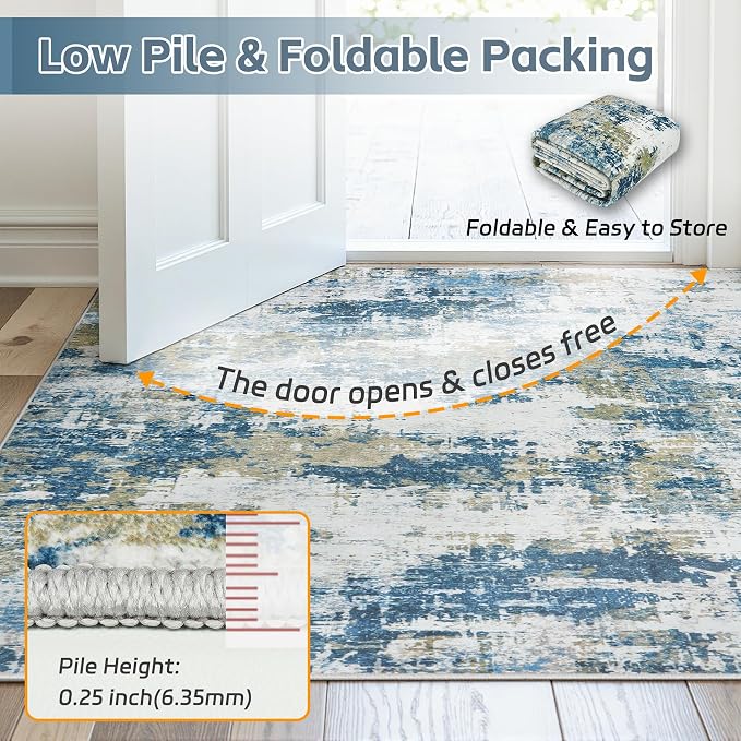 Area Rug 10x12 Living Room Rug Washable: No-Slip Abstract Soft Thin Large Blue - Image 7