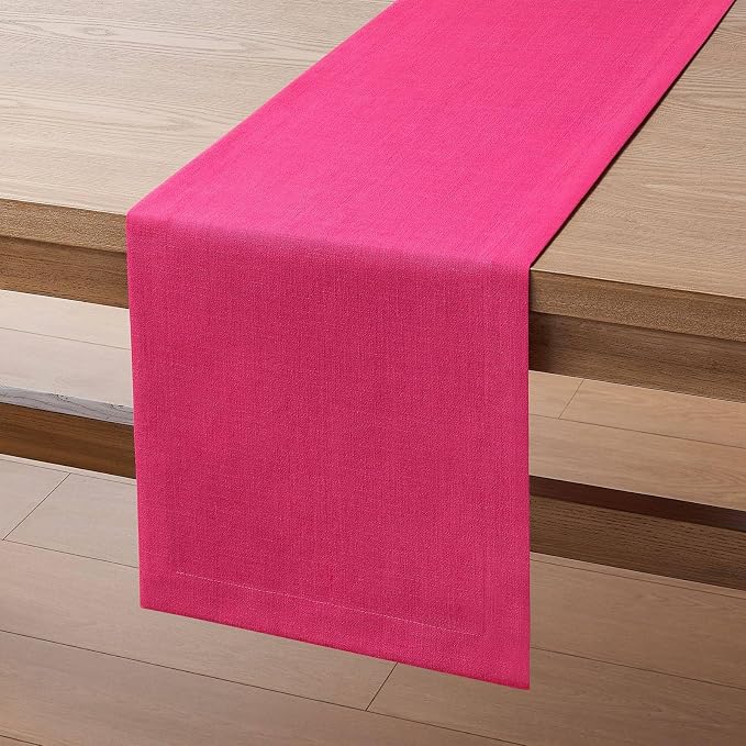 Linen Textured Border Table Runner, 14 x 60 Inch Hot Pink | Mitered Corner - Image 7