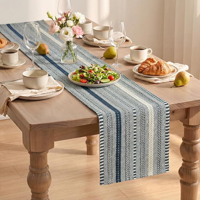Artoid Mode Dark Blue Farmhouse Stripe Braided Table Runner 12x120 Inch | - Image 8