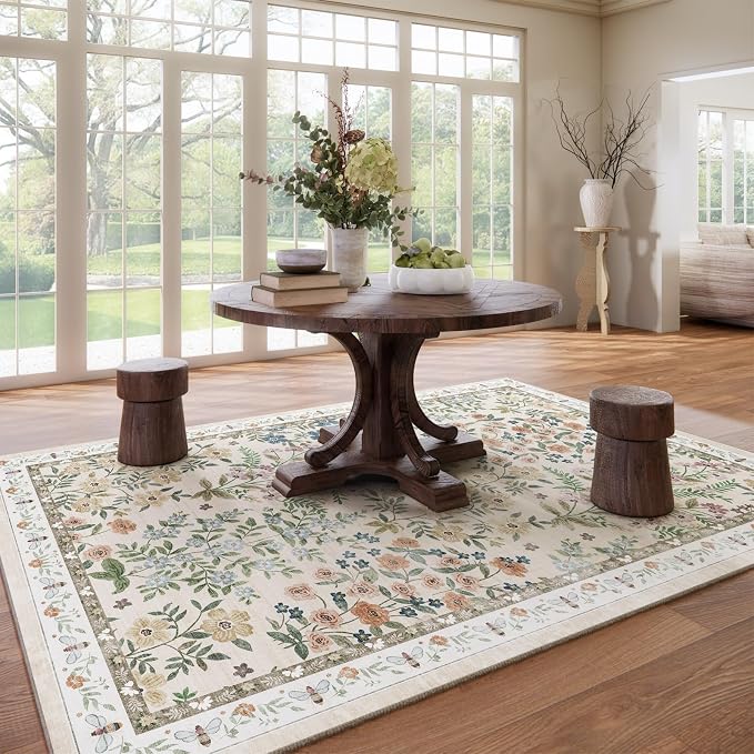 Machine Washable Rugs for Living Room: 8x10 Area Rugs for Bedroom Floral Non - Image 7