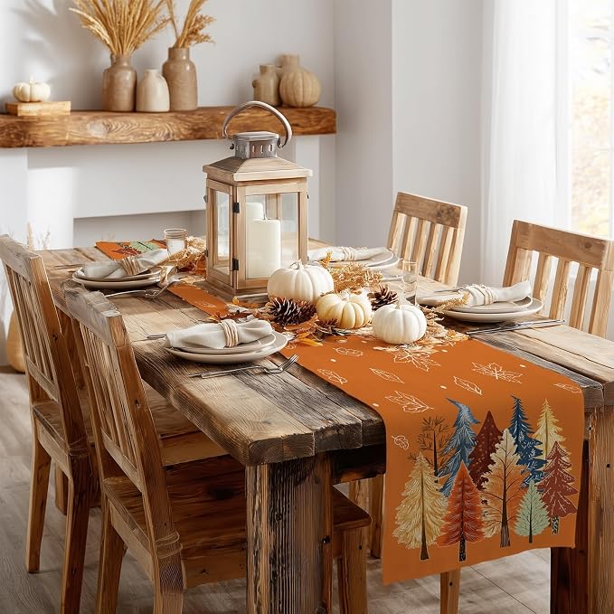 Fall Watercolor Trees & Maple Leaves Table Runner 13x108 Inch, Rustic Farmhouse - Image 7