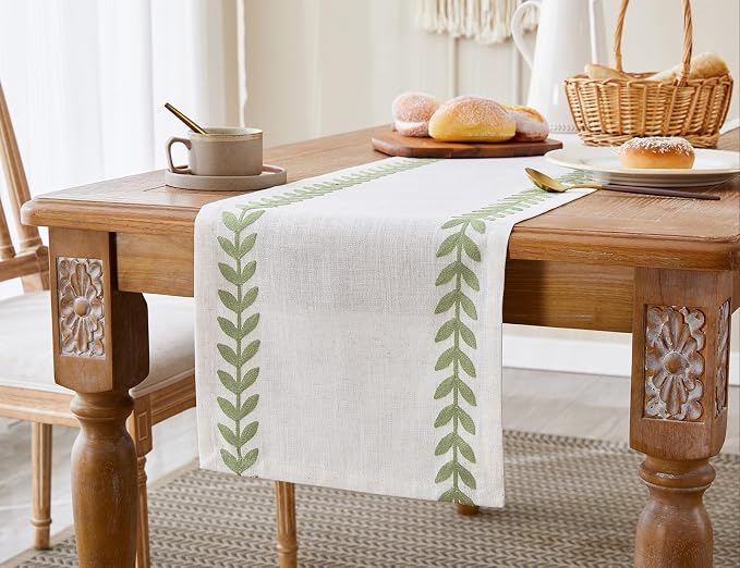 Embroidered Table Runner, Light Green Table Runners 36 Inches Long | Linen - Image 7