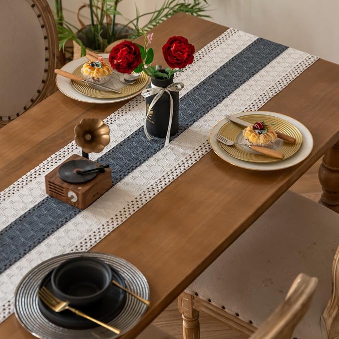 EMMTEEY Boho Table Runner with Tassels 36 Inches Long, Stone Blue | Handmade - Image 7