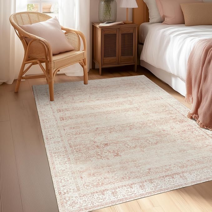 BILEEHOME Vintage Pink Rug 3x5 Washable Non Slip Floral Aesthetic Indoor Rugs - Image 9
