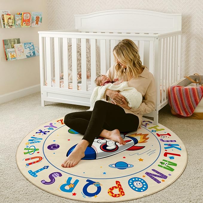Astronaut Space Kids Round Rug 5ft, Washable Alphabet ABC Circle Carpet - Image 9