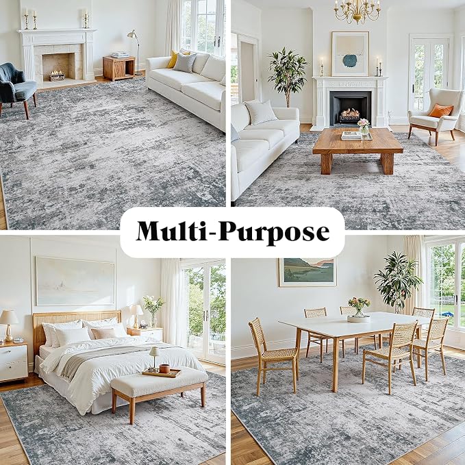 Area Rug 8x10 Living Room Rug Washable: No-Slip Abstract Soft Thin Large Gray - Image 8