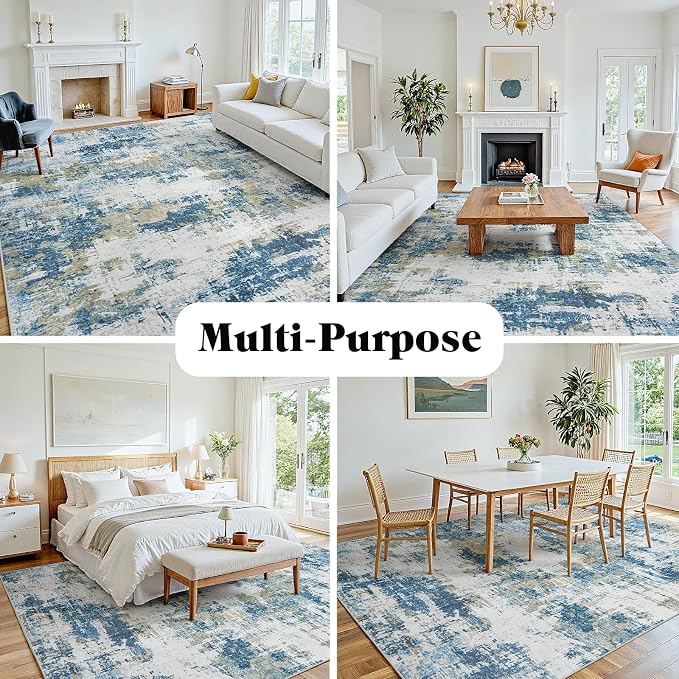 4x6 Area Rugs for Living Room Washable: Abstract Soft Thin Low Pile Blue Rug - Image 8