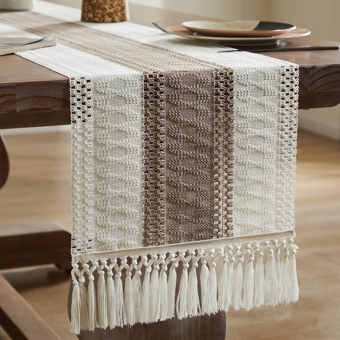 Macrame Style Bicolor Stitching Table Runner 14x90in Cocoa Brown | Woven Boho - Image 7