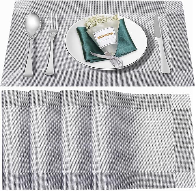 Placemats Set of 4, Vinyl Weave Silver Non Slip Table Mats | Heat Resistant - Image 2