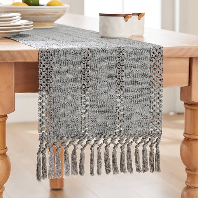 Macrame Style Boho Table Runner, 12x60 Inch Grey | Woven Boho Table Runner - Image 7