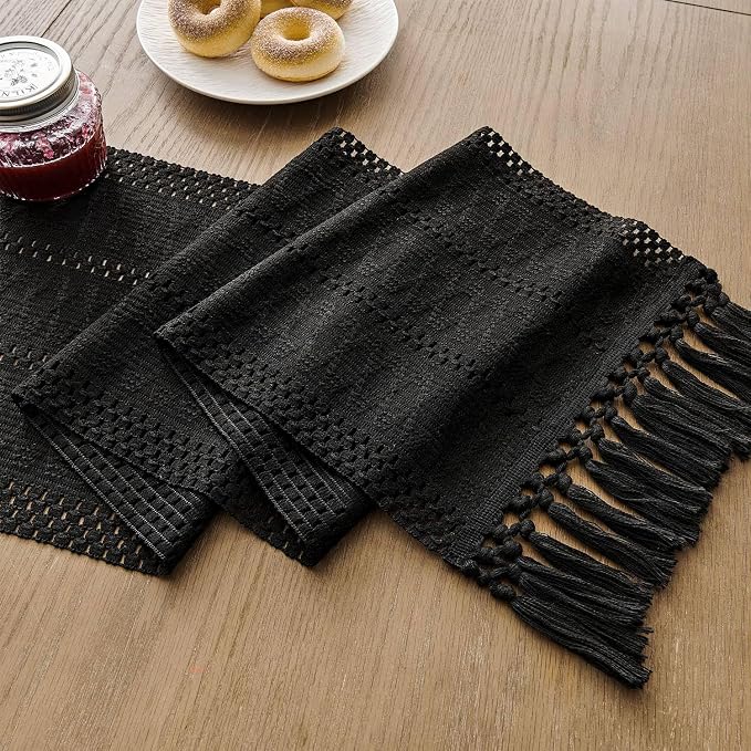 Macrame Style Boho Table Runner, 12x90 Inch Black | Woven Boho Table Runner - Image 7