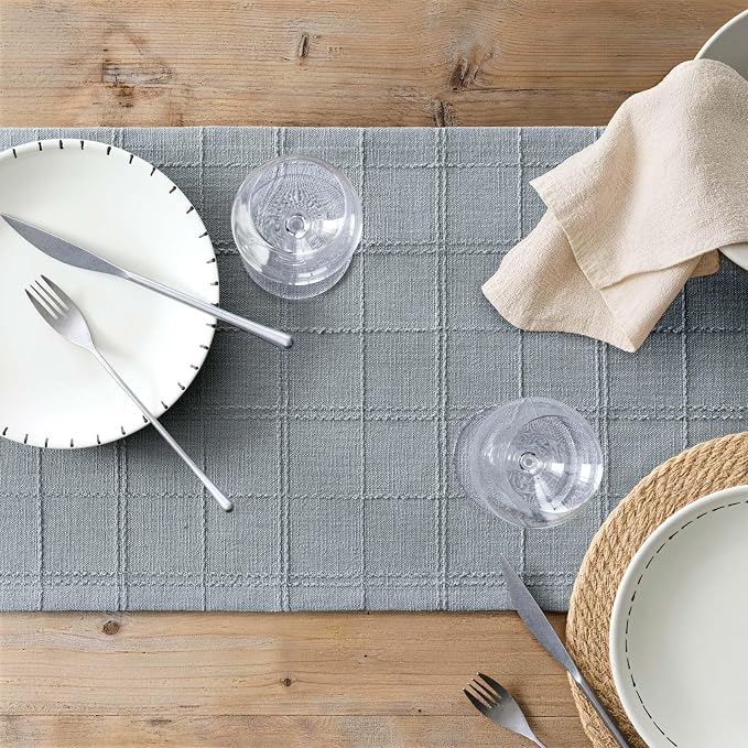 Linen Checked Farmhouse Table Runner, 13x90 Inches Chambray | Raised Grid Design - Image 7