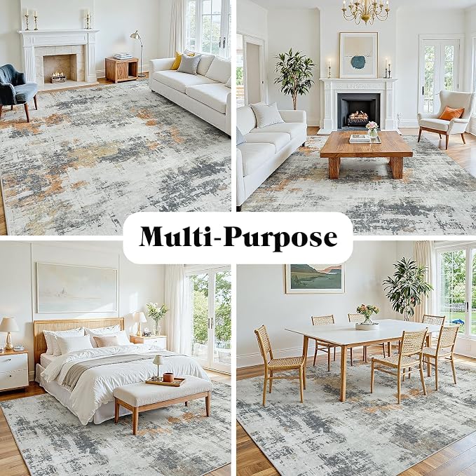 Area Rug 9x12 Living Room Rug Washable: No-Slip Abstract Soft Thin Large Grey - Image 9