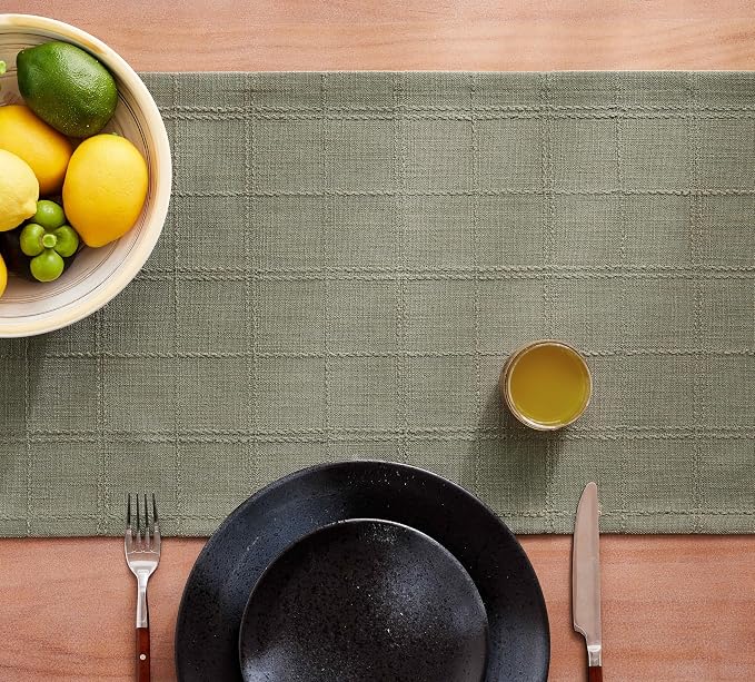 Linen Checked Farmhouse Table Runner, 13x90 Inches Olive | Raised Grid Design - Image 7