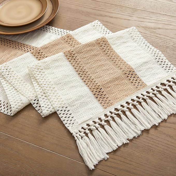 Macrame Style Bicolor Stitching Table Runner 14x60in Beige | Woven Boho Table - Image 7