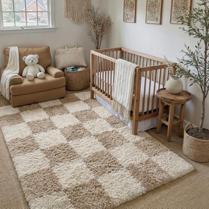 PureCozy Beige 4x6 Area Rugs for Kids Room Soft Shag Checkered Rug Modern by PureCozy