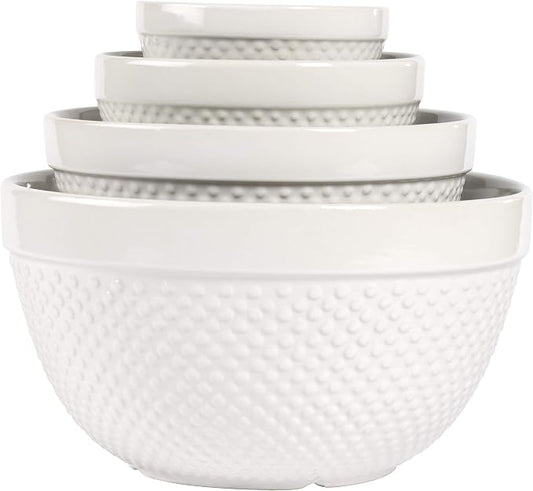Tabletops Gallery Hobnail Style 4 Piece Classic White Stoneware Nesting Mixing by TabletopsGallery