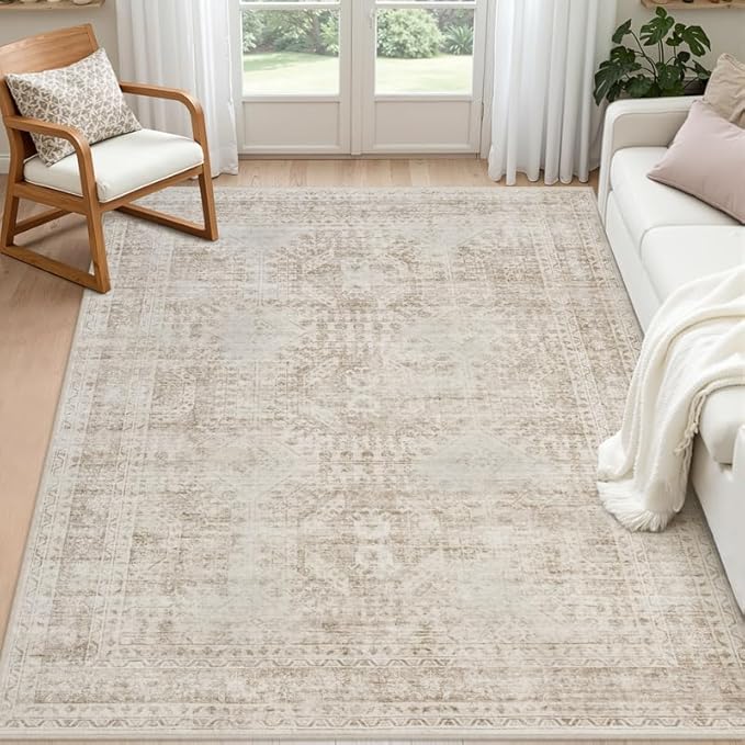 4x6 Area Rugs for Living Room: Vintage Boho Neutral Washable Rug Indoor Soft by Luxturiy