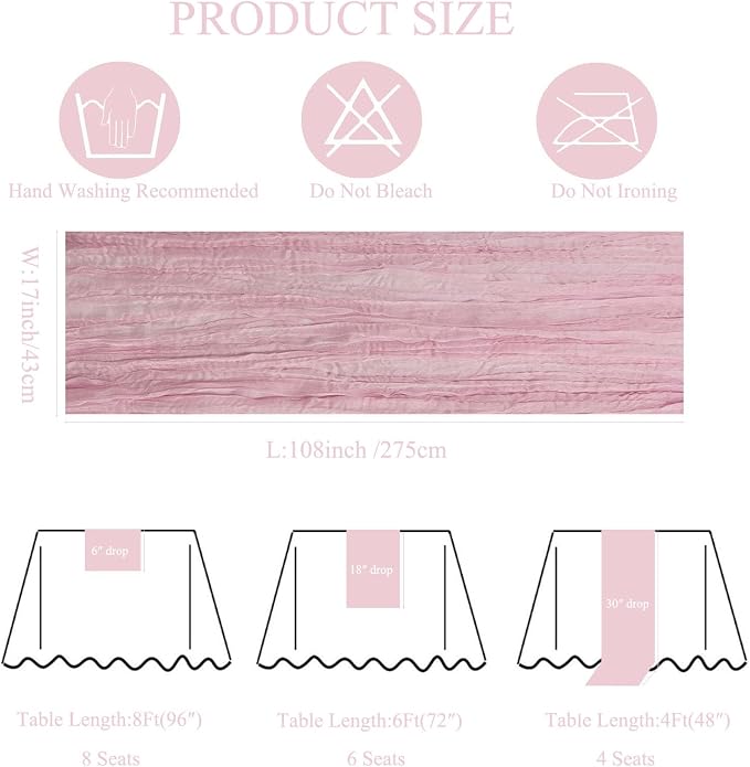 3Pack Light Pink Cheesecloth Table Runner, 17 x 108 inch Pink Table Runners | - Image 3