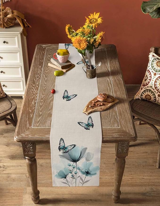 Turquoise Floral Table Runners 60 Inches Long, Spring Flowers Butterfly Table - Image 4