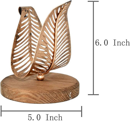 OwlGift Freestanding Modern Napkin Holder w/Bronze Metal Leaf & Brown Wooden - Image 7