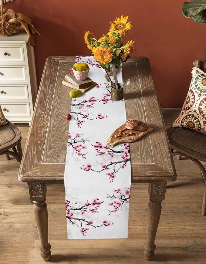 Pink Cherry Flowers Table Runners 70 Inches Long, Cotton Linen Fabric Table - Image 4
