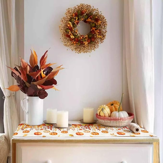 Orange Pumpkin Fall Table Runner 60 Inches Long, Thanksgiving Maple Eucalyptus - Image 3