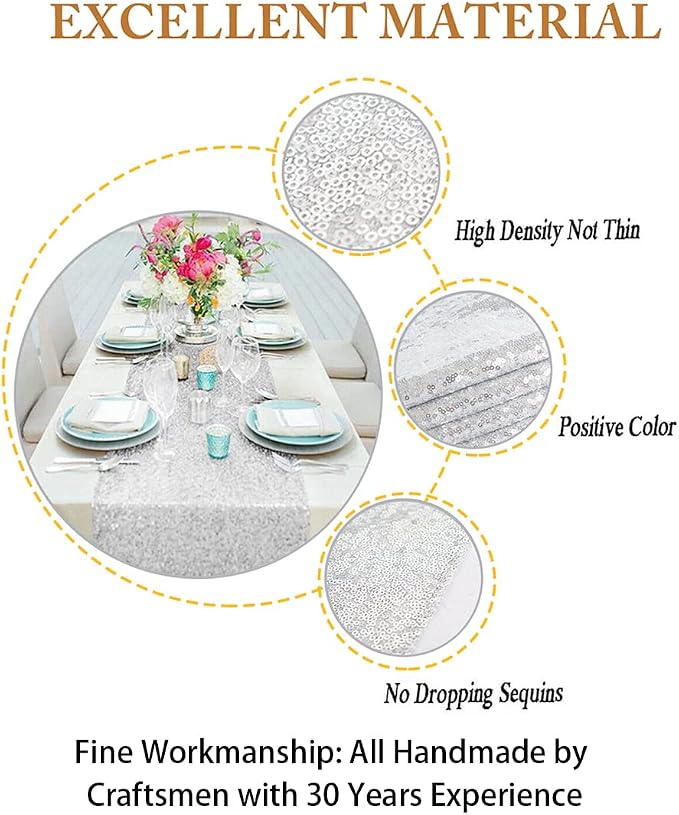 ShinyBeauty 12x48-Inch Silver-Tassel Table Runner, Small Sequined Sparkly Table - Image 4