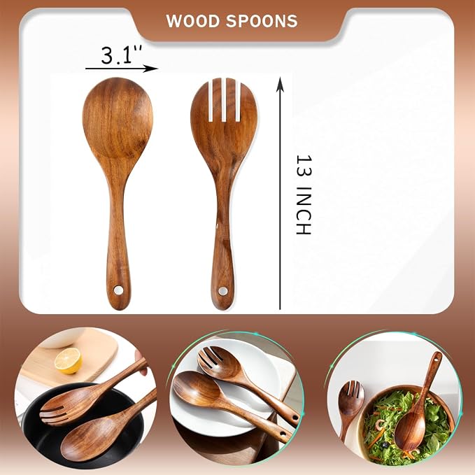 Large Teak Wood Spoons for Cooking, 13-Inch Teak Wooden Salad Serving Spoon Set - Image 6