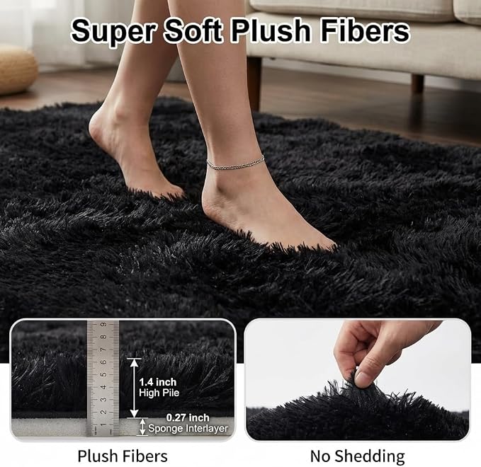 Mugorn Black Rugs for Living Room, 4x6 Feet Large Fluffy Area Rugs for Bedroom - Image 2
