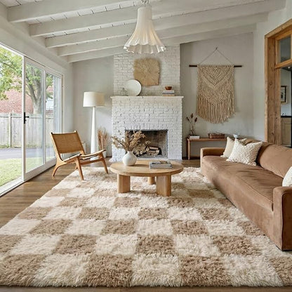 PureCozy Beige 6x9 Area Rugs for Living Room Soft Shag Checkered Large Rug by PureCozy