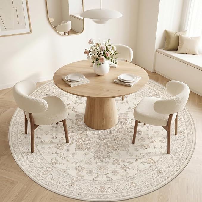 Round Area Rug for Living Room: 8ft Vintage Boho Neutral Washable Circle Rug - Image 2