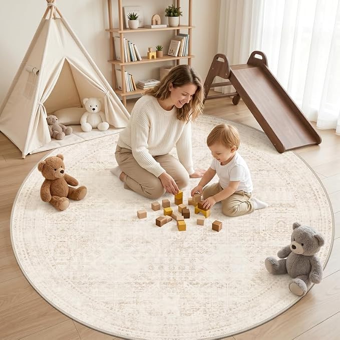 Round Area Rug for Living Room: 8ft Vintage Boho Neutral Washable Circle Rug - Image 3