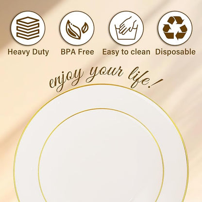 Nervure 100PCS Ivory and Gold Plastic Plates 10.25″ Disposable Dinner Plate | - Image 8