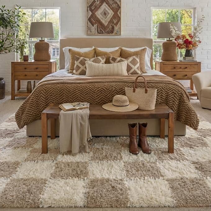 PureCozy Beige 5x8 Area Rugs for Living Room Soft Shag Checkered Large Rug - Image 3