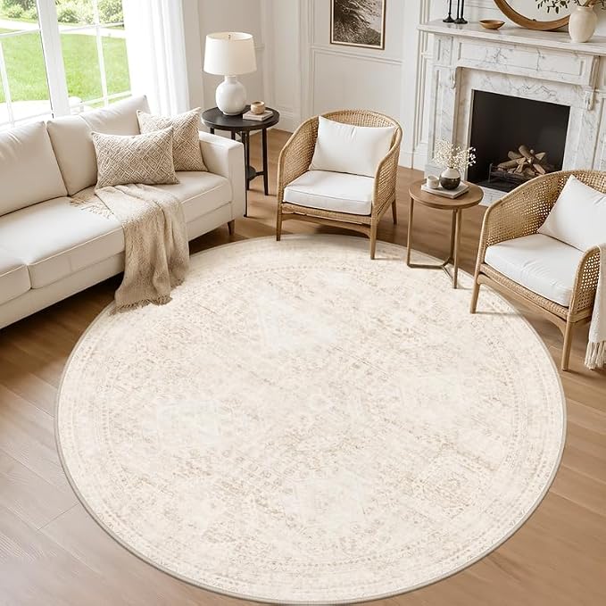 Round Area Rug for Living Room: 8ft Vintage Boho Neutral Washable Circle Rug by Luxturiy