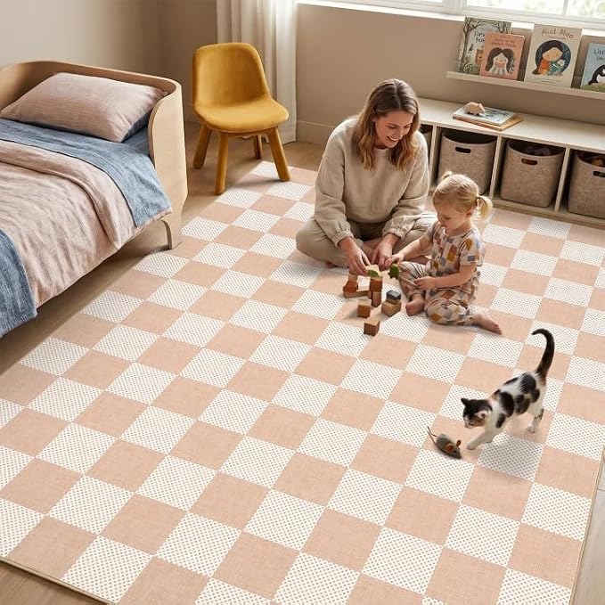 GarveeHome Checkered Blush Beige Neutral Nursery Kids Playroom 3x5 Washable Rug - Image 2