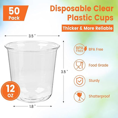 50 x Round Bottom Clear Plastic Cups 12 oz | Disposable Cocktail Cups, Stemless - Image 2