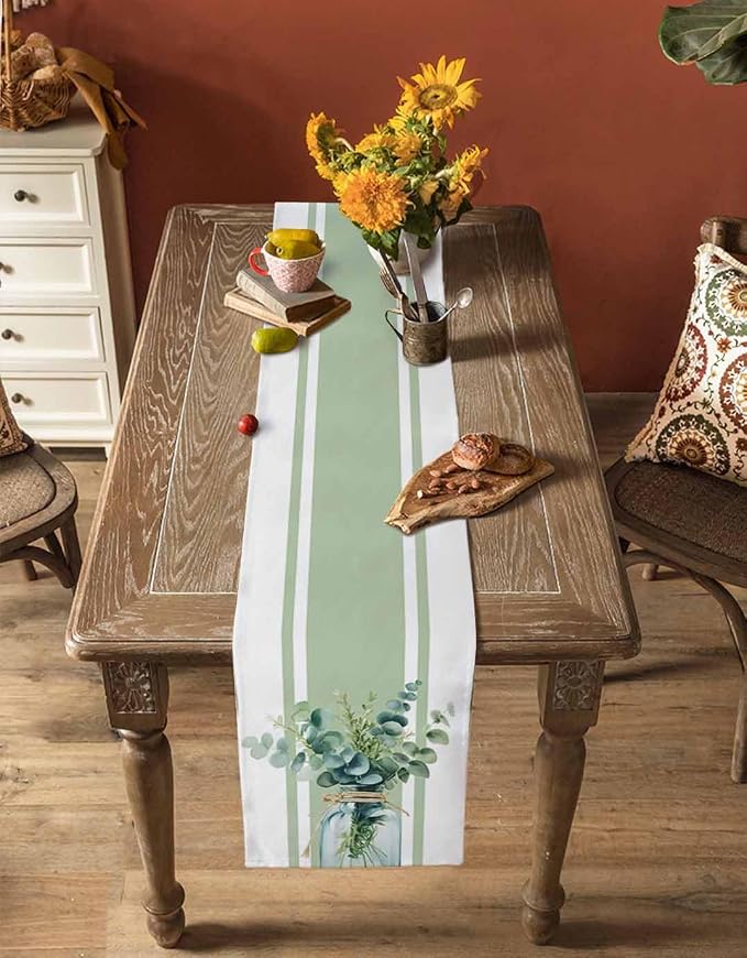 Sage Green Eucalyptus Leaves Table Runners 120 Inches Long, Farmhouse Stripe - Image 4