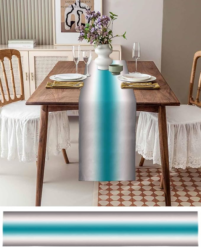Turquoise Gray Ombre Table Runners 108 Inches Long, Farmhouse Teal Gradient - Image 6