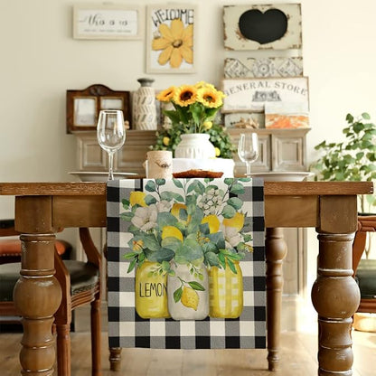 Black Buffalo Check Summer Table Runner 13 x 60 Inch, Lemon Vase Spring - Image 2