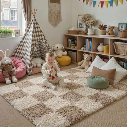 PureCozy Beige 4x6 Area Rugs for Kids Room Soft Shag Checkered Rug Modern - Image 3
