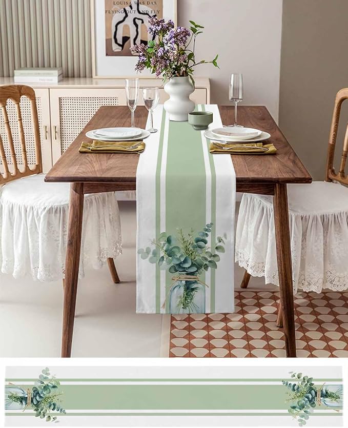 Sage Green Eucalyptus Leaves Table Runners 70 Inches Long, Farmhouse Stripe - Image 6