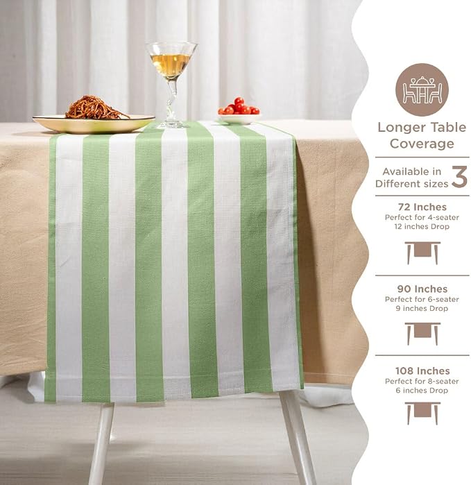 Folkulture Fall Table Runner 72 Inches Long | White & Sage Green Striped | - Image 7