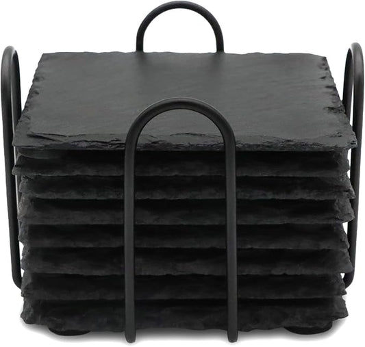 8 Pack 4 Inch Square Black Slate Coasters Set by SIJDIEE