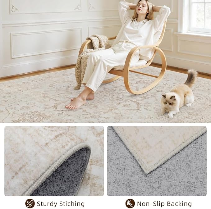 8x10 Area Rugs for Living Room: Vintage Boho Neutral Washable Rug Indoor Soft - Image 4
