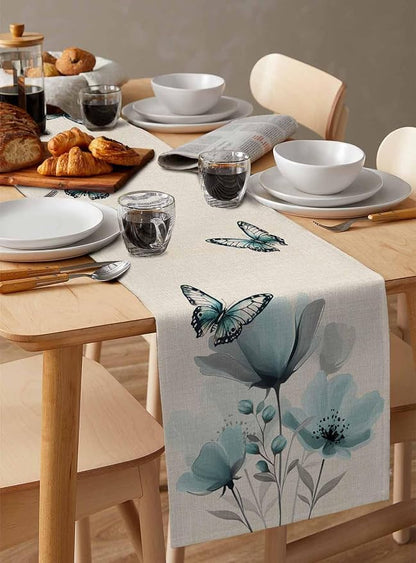 Turquoise Floral Table Runners 60 Inches Long, Spring Flowers Butterfly Table - Image 3