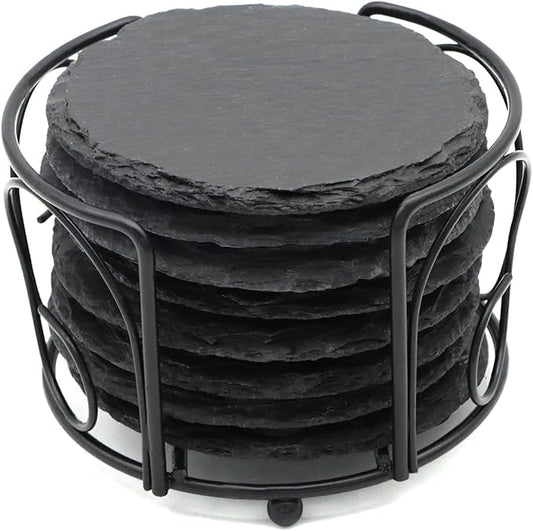 8 Pack 4 Inch Round Black Slate Coasters Set by SIJDIEE